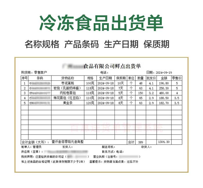 速冻食品生鲜蔬菜出货单模板，副食品调料零售批发送货单打印格式实例免费下载